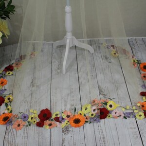 Wedding Veil with Flowers / Wildflower 3 D Lace Appliqués / Colorful Botanicals on Illusion Tulle image 4