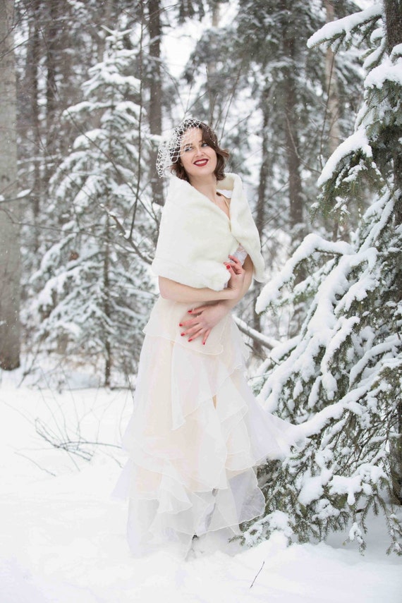 Faux Fur Stole with Beading- wedding wrap, bridal fur shawl in white, ivory or grey