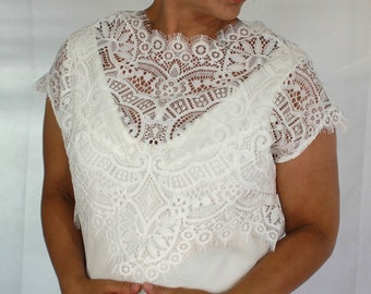 Soft Lace Bridal Topper | Elise Wedding  Crop Top | Lace Cover-up with Pearl Buttons