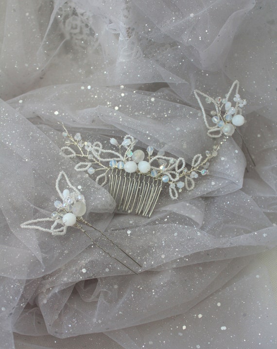 Bridal Comb and Hair Pin Set | AB Crystals, Swarovski Crystals, Leaves and Wings | Nature Inspired Comb and Pins