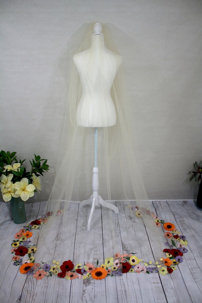 Wedding Veil with Flowers / Wildflower 3 D Lace Appliqués / Colorful Botanicals on Illusion Tulle image 3