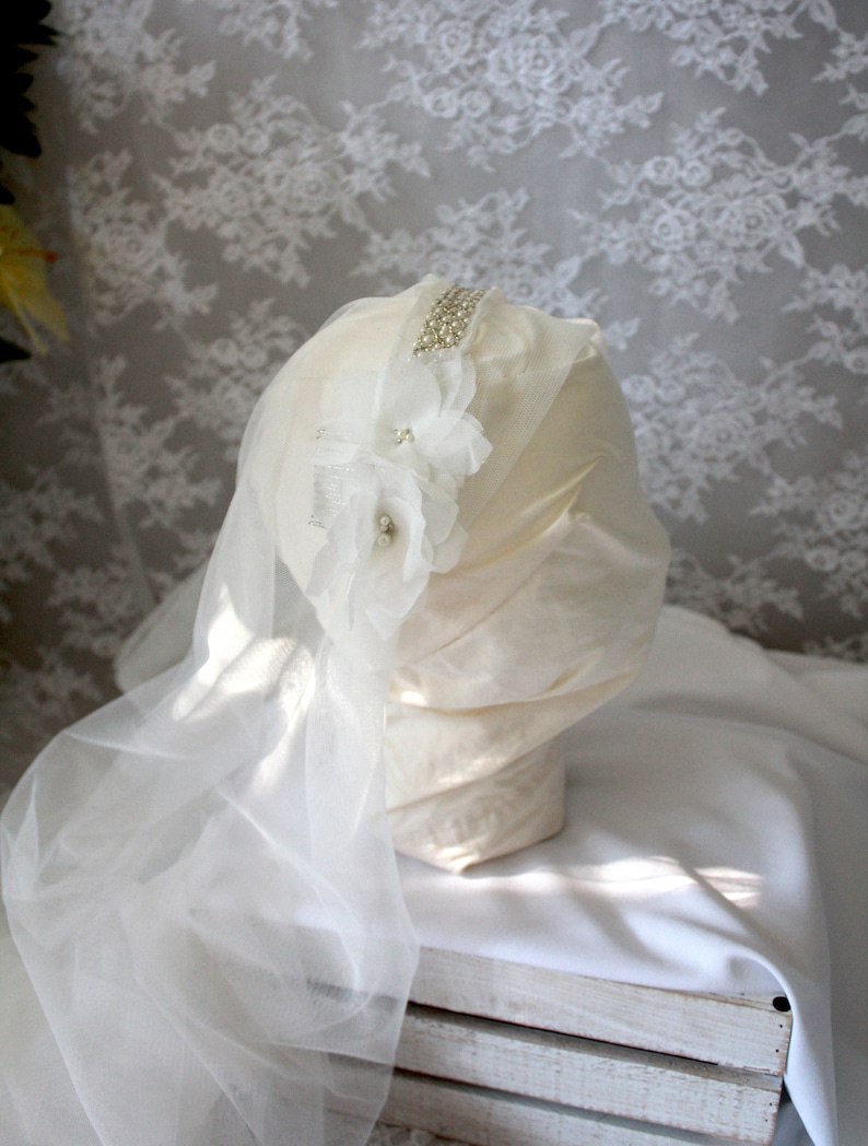 Floral and Beaded Juliet Cap Wedding Veil with Soft English Tullemultiple colors and lengths available image 8