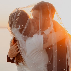 Pearl Wedding Veil / Soft English tulle Veil with scattered pearls / Melanie Veil / Fingertip Length, Shoulder, Cathedral, Chapel image 1