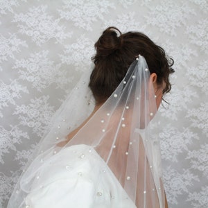 Pearl Draped Boho  Wedding Veil / Soft English tulle Veil with Pearls / Fingertip Length, Shoulder, Cathedral, Chapel