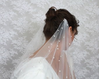 Pearl Draped Boho  Wedding Veil / Soft English tulle Veil with Pearls / Fingertip Length, Shoulder, Cathedral, Chapel