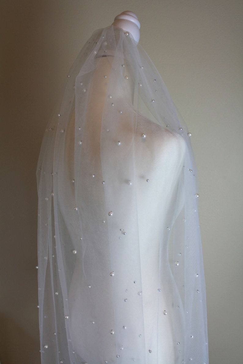 Pearl Wedding Veil / Soft English tulle Veil with scattered pearls / Melanie Veil / Fingertip Length, Shoulder, Cathedral, Chapel image 7