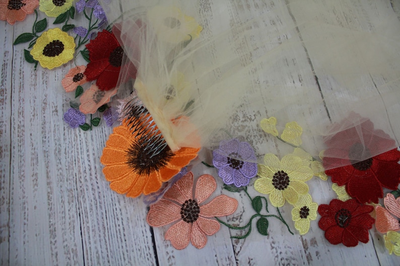 Wedding Veil with Flowers / Wildflower 3 D Lace Appliqués / Colorful Botanicals on Illusion Tulle image 6