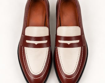 Handmade Penny Leather Loafers in Brown and Cream | Two-Tone Slip-On Shoes