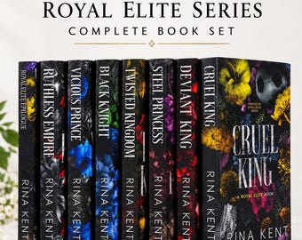 Puede incluir: Un conjunto completo de libros titulado Royal Elite Series de Rina Kent, que incluye ocho libros de tapa dura con portadas oscuras de motivos florales. Los títulos incluyen Cruel King, Deviant King, Steel Princess, Twisted Kingdom, Black Knight, Vicious Prince, Ruthless Empire y Royal Elite Epilogue.