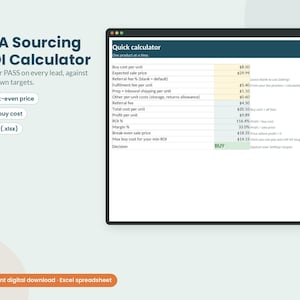 FBA Seller Sourcing ROI Calculator Spreadsheet, Online Arbitrage Profit Calculator, Buy or Pass Lead Tracker, Excel Template