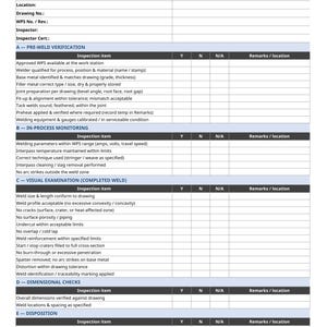 May include: A white Visual Weld Inspection Checklist & Report form with blue headers. It includes sections for report details, pre-weld verification, in-process monitoring, visual examination, dimensional checks, and disposition with Y, N, N/A columns.