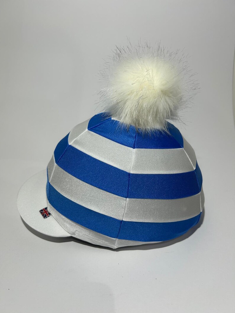 Handmade Blue and White Stripe Silk Riding Hat – White Pom Pom, UK ...