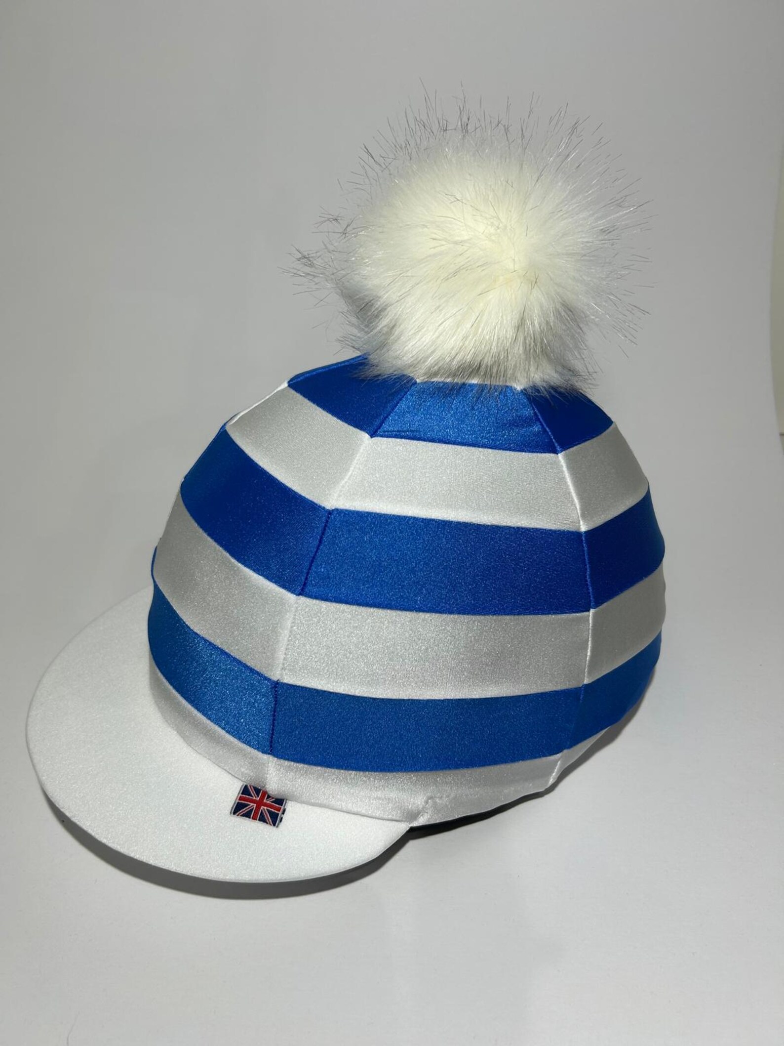 Handmade Blue and White Stripe Silk Riding Hat – White Pom Pom, UK ...