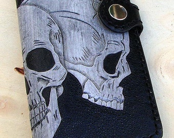 3 skull mens leather wallet Bifold motorcycle biker style