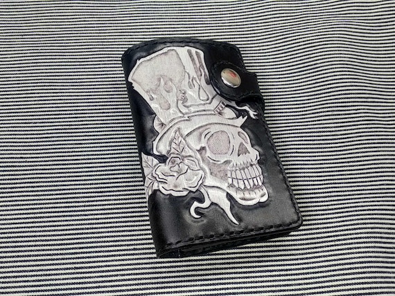 Hand-Tooled Leather Biker Wallet: Skull Design, Vegetable-Tanned