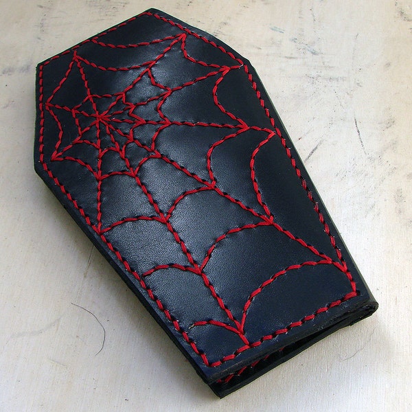 Cow leather wallet style biker coffin red spider web