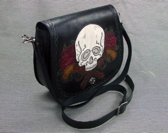 Handmade Tooled Leather Handbag Shoulder Bag with Skulls, pistols and Red Roses