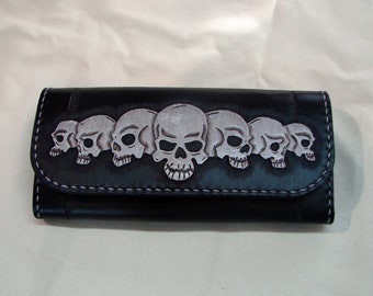 Women leather wallet hand carved with skulls 6 slots for credit carts