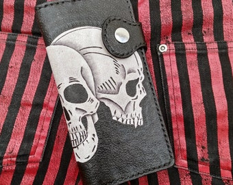 Handmade biker style mens leather wallet 3 goth skull