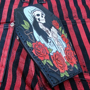 Biker style coffin wallet with santa muerte and a spider web