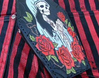 Biker style coffin wallet with santa muerte and a spider web