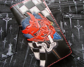 Mens Long Motorcycle Wallet - Hand-Engraved Biker Leather - Red Devil Kulture Flag
