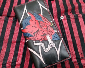 Handmade biker style men's black leather wallet biker style with red devil and iron cross