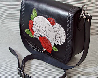 Handmade Tooled Leather Handbag Shoulder Bag with Skulls and Red Roses