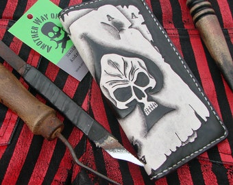 Premium Leather Biker Wallet with Hand-Engraved Skull Ace of Spades Design