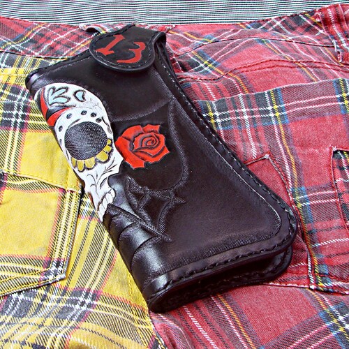 Hand-Engraved Sugar Skull Biker Wallet: Vegetable-Tanned Leather