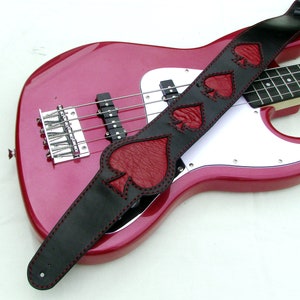 Handmade Leather Guitar Strap - Red Ace of Spades Design - Bass Guitar Belt - Rock Punk Metal Gear - Personalized Gift