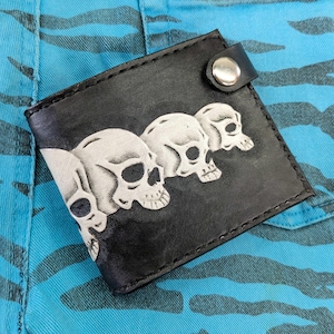 Handmade Leather Bifold Wallet with Skulls | Gothic Biker Mens Skull Wallet | Unique Hand Sewn Billfold
