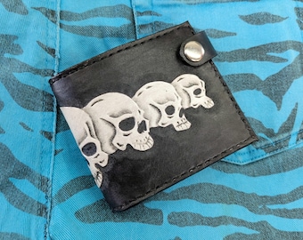 Handmade Leather Bifold Wallet with Skulls | Gothic Biker Mens Skull Wallet | Unique Hand Sewn Billfold