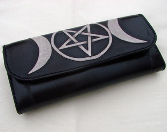 Women leather wallet hand carved with Triple Moon and inverted petagram