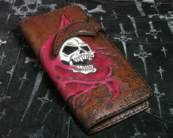 Grim Reaper wielding a scythe Men's Leather Wallet Long Biker Style Hand Engraved