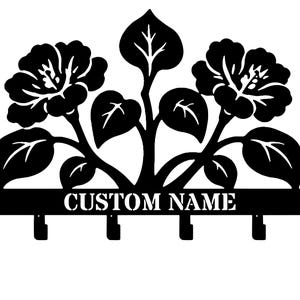 Personalized Floral Key Holder, Custom Name Metal Wall Rack, Hibiscus Flower Decor, Botanical Entryway Organizer, Garden Lover Gift