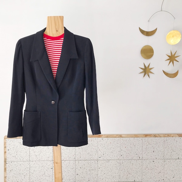 Veste blazer vintage Céline en laine bleu foncé 70's style boyfriend, taille 40