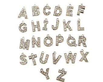 Antique Silver Individual Initial Alphabet Rhinestone Charms - You Pick- 31-14A