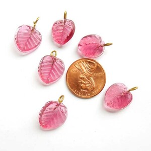 4 Pink Glass Leaf Drop Charms With Embedded Brass Loop 24-3 image 3