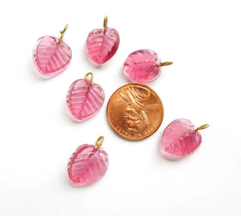 4 Pink Glass Leaf Drop Charms With Embedded Brass Loop 24-3 image 3