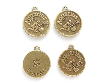 4 Antique Bronze Zodiac Aquarius Charms - 23-23-4