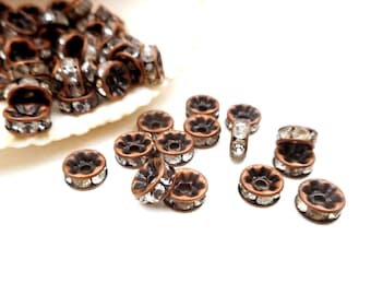 20 Antique Copper Rondelle Spacer Beads With Clear Rhinestones  - 23-27-2