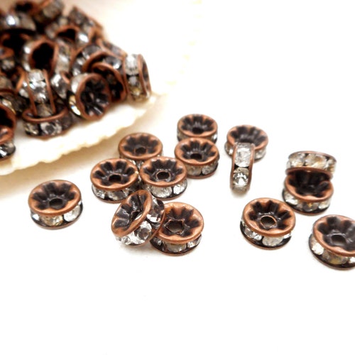 20 Antique Copper Rondelle Spacer Beads With Clear Rhinestones - Etsy