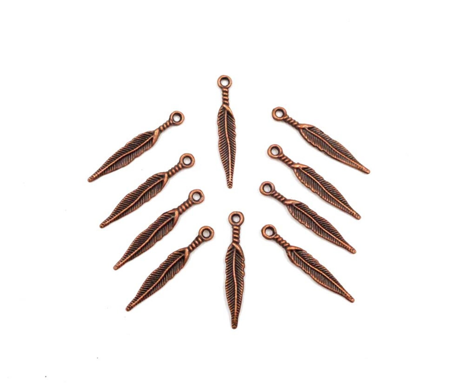 10 Antique Copper Feather Charms Jewelry Making 22132 Etsy