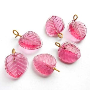 4 Pink Glass Leaf Drop Charms With Embedded Brass Loop - 24-3
