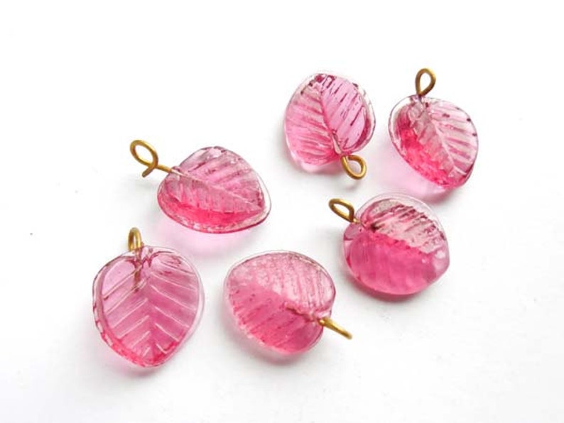 4 Pink Glass Leaf Drop Charms With Embedded Brass Loop 24-3 image 1