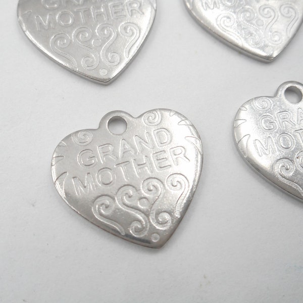 4 Stainless Steel Heart Grandmother Charms - 21-50-7
