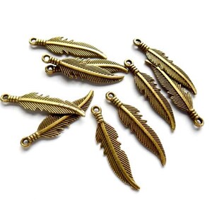 10 Antique Bronze Feather Charms, Jewelry Making - 23-25