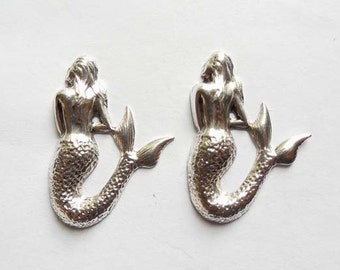 2 Antique Silver Mermaid Stampings - 22-19-8A