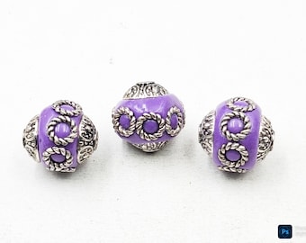 May include: Three round beads featuring a smooth purple center band decorated with silver-toned rope-style circular accents. The ends of each bead are capped with intricate, embossed silver-toned metal detailing, creating a textured appearance.